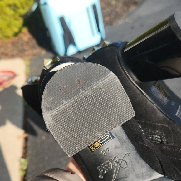 Black Suede Mid-Calf Heeled Boots with Gold Cap Toe and Stud Trim - Picture 13 of 16